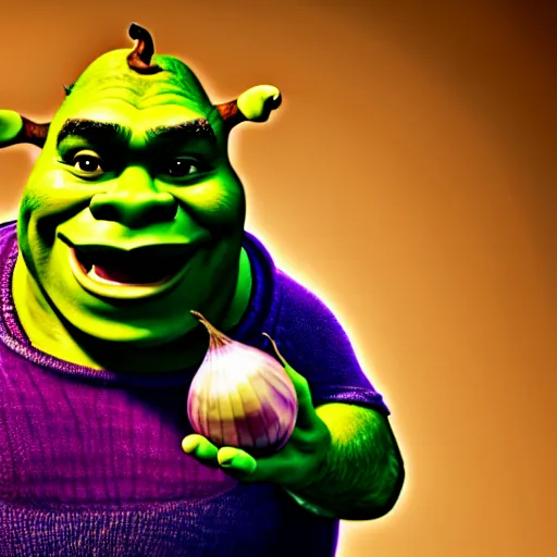 Image similar to a stock photo of shrek eating an onion, 8 k, ultra - realistic, white background, face cluse - up, studio lighting, low exposure