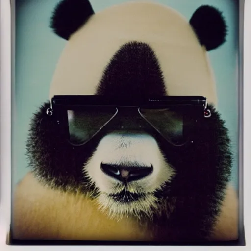 Image similar to grainy head to shoulder portrait polaroid film photograph of a panda in a mall wearing aviator shades. super resolution. surreal. extremely detailed. polaroid 6 0 0 film. by annie leibovitz and richard avedon