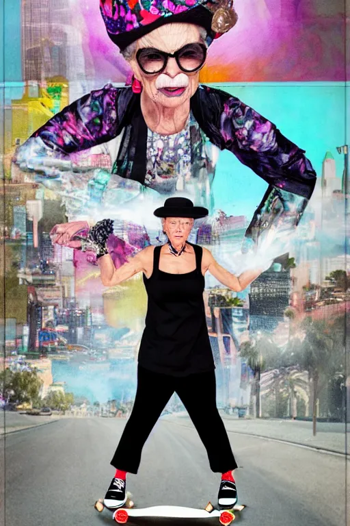 Image similar to a portrait of a fashionable gran on a skateboard in los angeles, in the style of david lachapelle