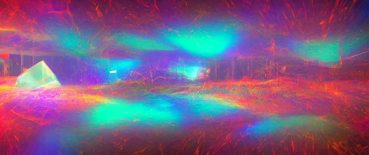 Image similar to dream landscape, simulation, glitch art, volumetric object, physical particles, translucence, cinematic lighting, iridescence, by ash thorpe