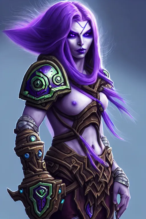 Image similar to alexey gurylev, pale sylvanas windrunner in sci - fi power armor with purple hair, mysterious, deep focus, d & d, fantasy, complex, elegant, highly detailed, digital painting, artstation, concept art, matte, clear focus, illustration, hearthstone, artgerm art, greg rutkovsky and alphonse mucha