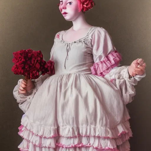 Image similar to 8 k, octane render, realism, tonalism, renaissance, rococo, baroque, cotton candy, portrait of a creepy young lady wearing long 1 9 7 0 s babydoll dress with flowers and skulls