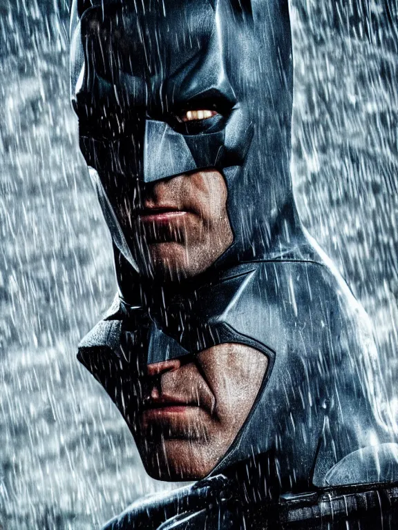 Image similar to film still, ryan reynolds as batman, no mask, hyperrealism, moody lighting, rain, intricate, 8 k