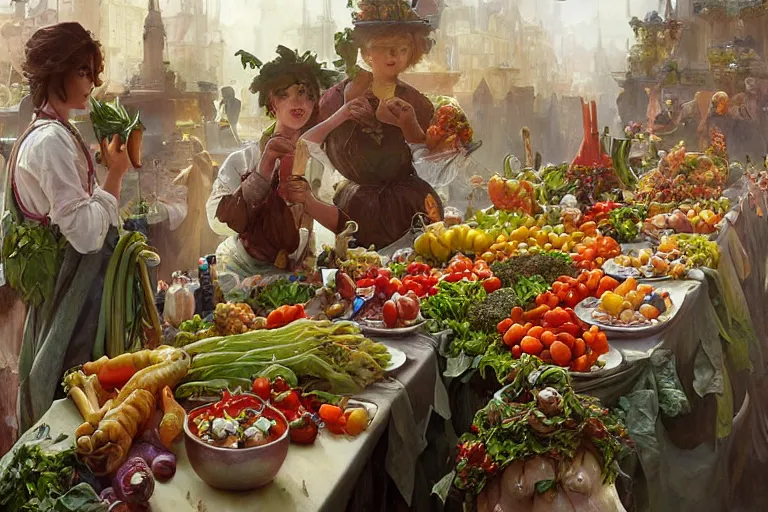 Image similar to vegetables parade on a cutting board in the kitchen, digital art, realistic, anthropomorphic, highly detailed, cinematic, matte painting, vivid colors, realistic, epic lighting, by greg rutkowski and artgerm and alphonse mucha