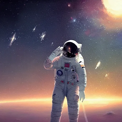 Image similar to astronaut floating in space holding a microphone lots of stars greg rutkowski