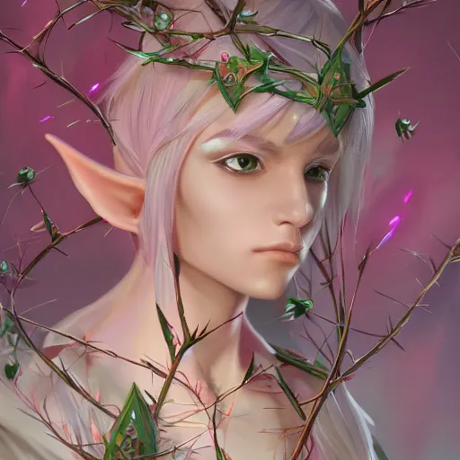 Image similar to beautiful androgynous male elf surrounded by thorns, pearlescent, ornate, dreamy, concept art trending on artstation, gray and pale pink
