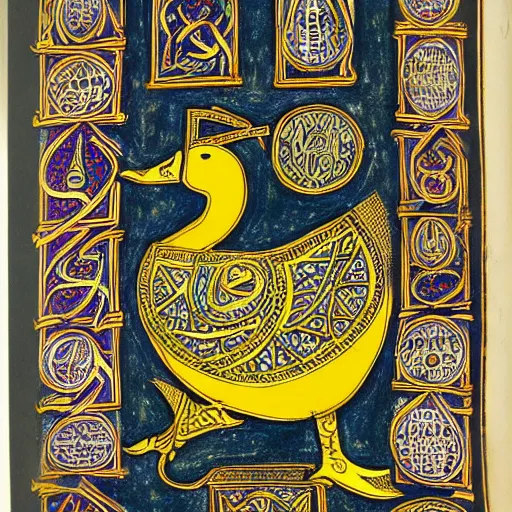 Image similar to book of kells, illustration of a duck, dye on calfskin vellum