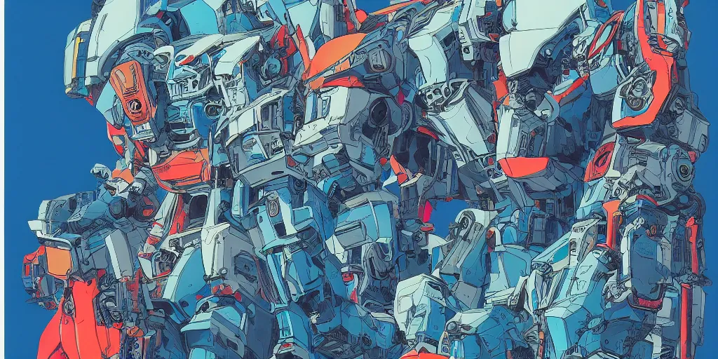 Image similar to risograph, gigantic mecha faces, no artifacts, tiny rats, a lot of exotic animals around, big human faces everywhere, by satoshi kon and moebius, matte blue colors, surreal design, crispy, super - detailed, a lot of tiny details, no blur, 4 k, fullshot