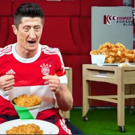 Image similar to a still frame of robert lewandowski during a huge kfc chicken food mukbang