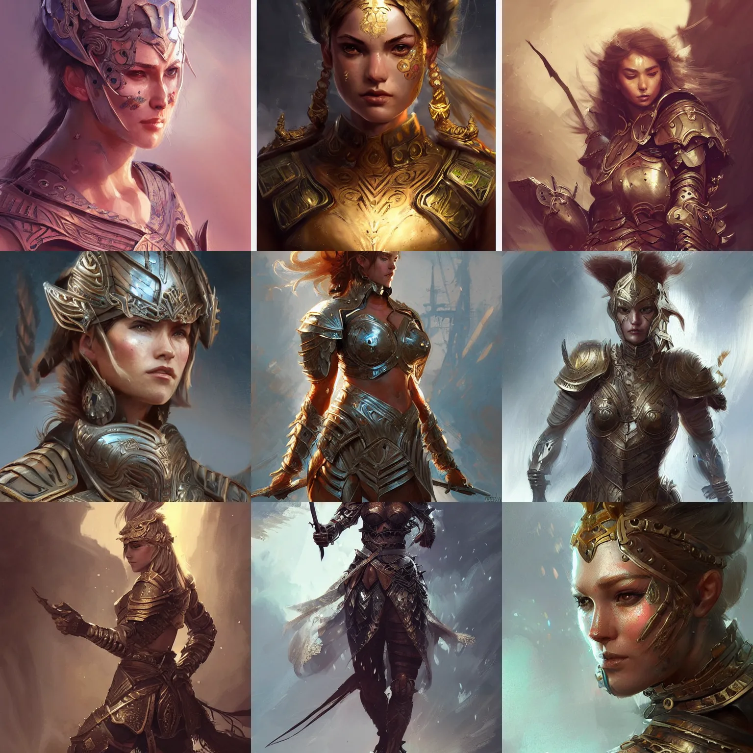 Prompt: Female warrior, passion, bravery, intricate armour costumes, light and shadow effects, intricate, highly detailed, digital painting, art station, concept art, smooth, sharp focus, illustration, art by Krenz Cushart and WLOP from ArtStation