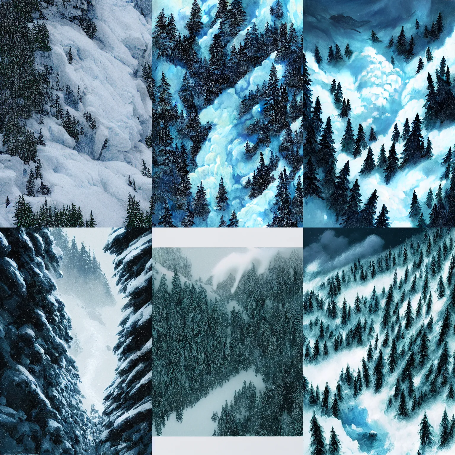 Prompt: thundering avalanche avalanche avalanche of glacier snow falling down the mountain, dashcam footage, GoPro, green pine trees and snow billowing up, national geographic photo report on avalanches, hyperdetailed, vibrant, stunning, seen from below, mountains avalanche concept art, digital illustration by greg rutkowski