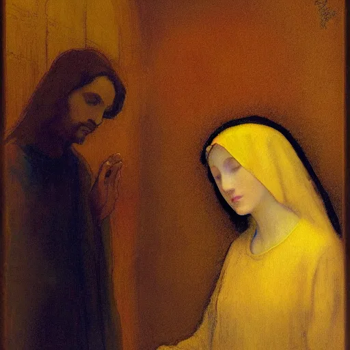 Prompt: the annunciation, by odilon redon, by artgerm, oil on canvas