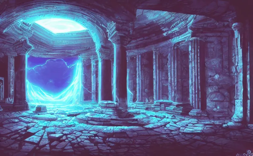 Image similar to a portal in the floor, ancient ruins, epic retrowave art, trending on art station