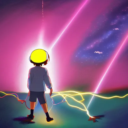 Image similar to a magic machine connected to a boy with a helmet and electric cable with colorfull rays of light illuminate the environment by vanessa morales, studio ghibli,