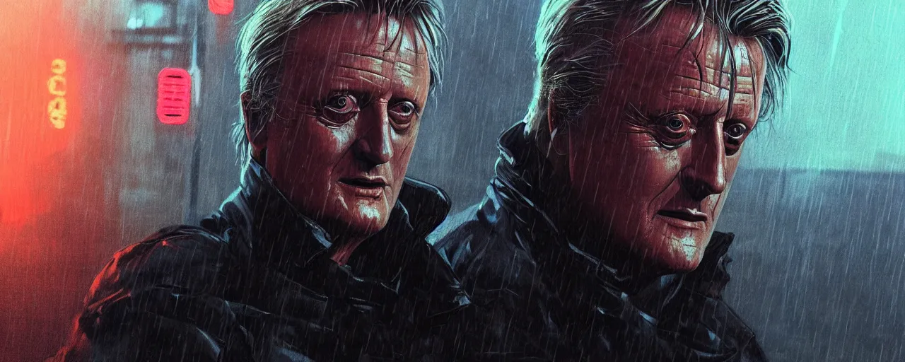 Image similar to duotone tech noir concept illustration 3 / 4 portrait of rutger hauer as roy baty in blade runner on rooftop in rain. cinematic volumentric lighting. accidental renaissance. by sachin teng and sergey kolesov and ruan jia and heng z. graffiti art, scifi, fantasy, hyper detailed. octane render. concept art. trending on artstation