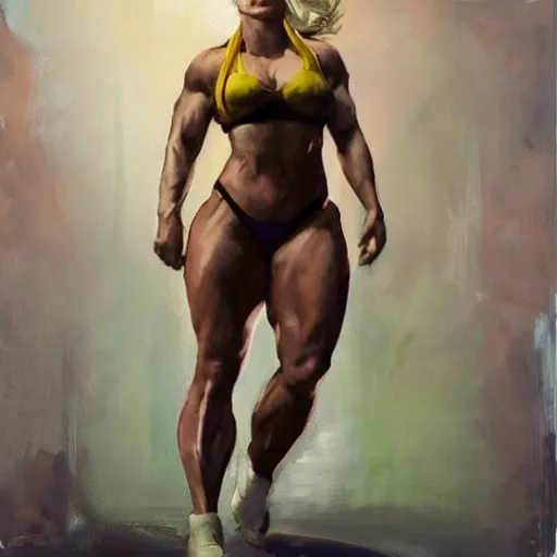 Image similar to greg manchess portrait of margot robbie as happy thick female bodybuilder zarya from overwatch in disco elysium, epic grimdark, fantasy, medium shot, asymmetrical, profile picture, organic painting, sunny day, matte painting, bold shapes, hard edges, street art, trending on artstation, by huang guangjian and gil elvgren and sachin teng