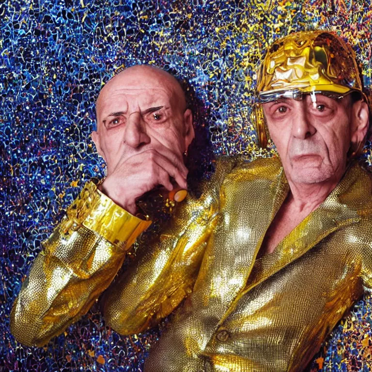 Prompt: extreme close - up high fashion portrait octane render by wayne barlow and carlo crivelli and glenn fabry, a dignified older italian techno musician wearing a massive shiny reflective gold and glass and digital displays helmet and a colorful patterned latex suit, sitting in a charming vintage upscale colorful pastel bohemian elegant boutique hotel with beautiful wallpaper, very short depth of field, bokeh