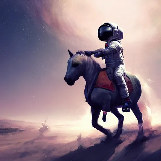 Image similar to an astronaut boy riding on a horse, style game square enix life, trending on artstation, painted by greg rutkowski, render naughty dog, octane render, detailed