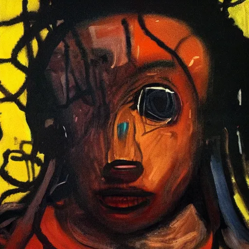 Prompt: dramatic full close - up portrait of a sad human! cephalopod hybrid, detailed, dimly light room, volumetric lighting, oil painting by ( basquiat ) in the style of caravaggio