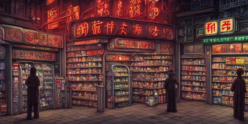 Prompt: fantasycore, eldritch, psychic, masterpiece, 8k resolution, scrollwork, magic conduits, zBrush, cel-shaded, 2099 neo-tokyo, convenience store, pastiche by Dan Witz