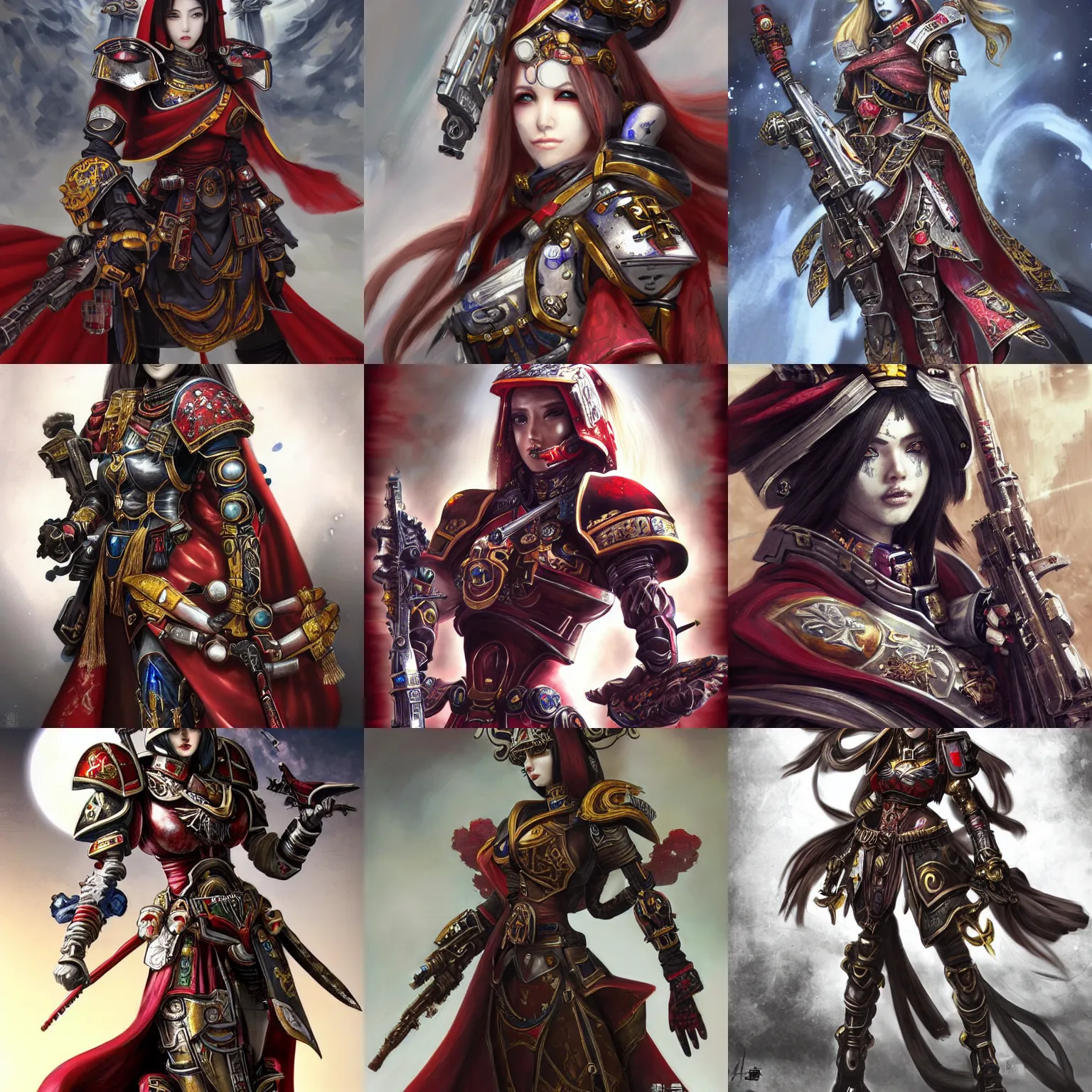 Prompt: a beautiful portrait of a female sororitas battle sister, chinese details, art by yoshitaka amano and warhammer 4 0 k, trending on artstation, award - winning, perfect composition