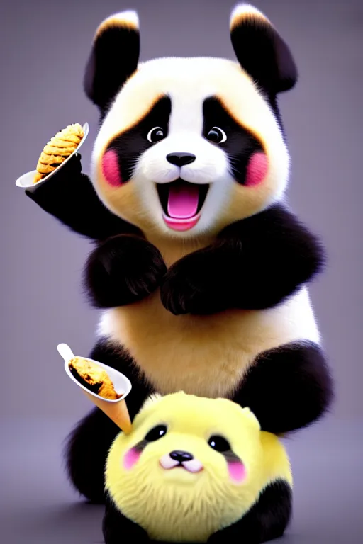 Image similar to high quality 3 d render hyperrealist very cute lowbrow happy panda & cat hybrid eating ice cream, vray smooth, in the style of detective pikachu, very dramatic light, low angle, uhd 8 k, shallow depth or field