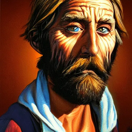 Prompt: painting of a homeless man portrait greg hildebrandt high detail