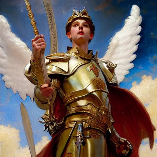 Image similar to saint michael the angel, guarding the world from evil. highly detailed painting by gaston bussiere, greg rutkowski, j c leyendecker 8 k