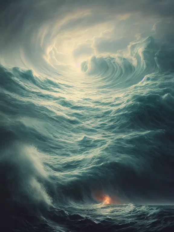 Image similar to photo of 8k ultra realistic raging storm at sea, heavy waves, epic clouds, full of colour, cinematic lighting, battered, trending on artstation, 4k, hyperrealistic, focused, extreme details,unreal engine 5, cinematic, masterpiece, art by Peter Mohrbacher