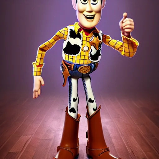 Image similar to Photorealistic creepy toy story woody in the style of ren and stimpy. Hyperdetailed photorealism, 108 megapixels, amazing depth, glowing rich colors, powerful imagery, psychedelic Overtones, 3D finalrender, 3d shading, cinematic lighting, artstation concept art