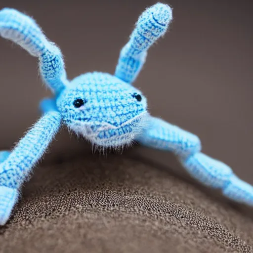 Prompt: super cute fluffy light blue color spider crochet doll standing on sand, hyperrealistic photograph, highly detailed, tactile, 8k, close up, macro