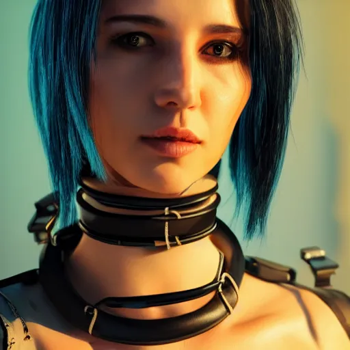 Image similar to detailed realistic female character cyberpunk wearing thick steel collar around neck, realistic, art, beautiful, 4K, collar, choker, collar around neck, punk, artstation, detailed, female, woman, choker, cyberpunk, neon, punk, collar, choker, collar around neck, thick collar, choker around neck, wearing choker, wearing collar,