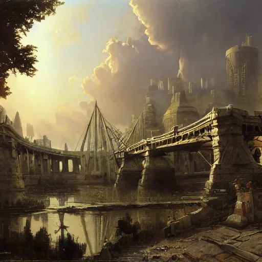 Prompt: painting of a scifi ancient civilzation victorian, brutalist bridge, andreas achenbach