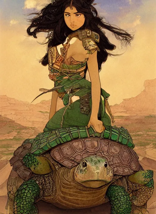 Image similar to portrait of a little warrior girl character sitting on top of a giant armored turtle in the desert, epic character with dark skin and beautiful green eyes. the girl has a very beautiful detailed symmetrical face, long black hair. the turtle has a big wise face and closed eyes, diffuse night light, dramatic landscape, fantasy illustration by mucha