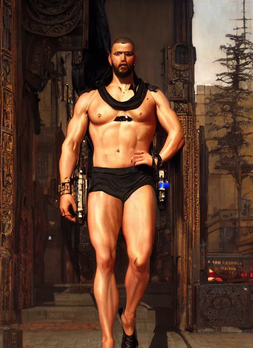 Image similar to big mike. cyberpunk meathead wearing fitness gear. (Cyberpunk 2077, bladerunner 2049). Iranian orientalist portrait by john william waterhouse and Edwin Longsden Long and Theodore Ralli and Nasreddine Dinet, oil on canvas. Cinematic, hyper realism, realistic proportions, dramatic lighting, high detail 4k