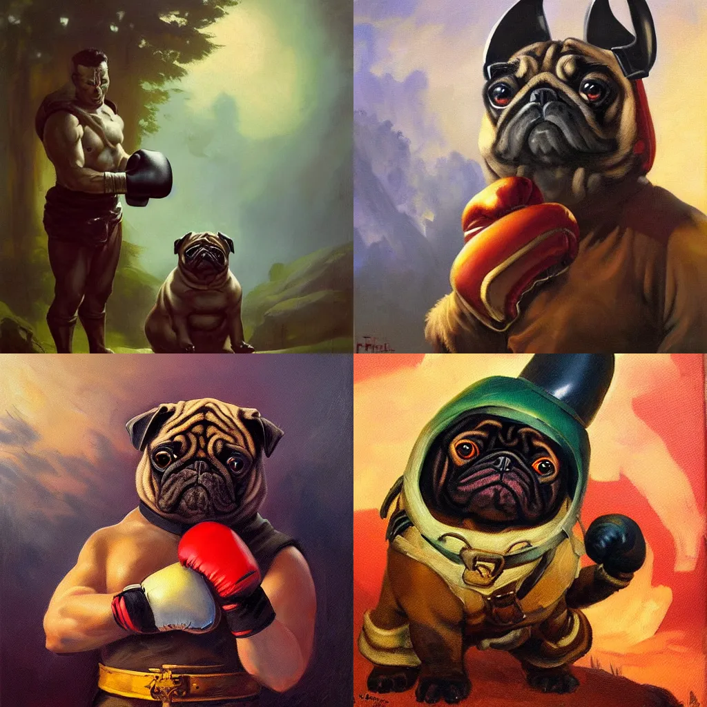 Prompt: artstation oil painting portrait by frazetta , backlight oversized mutant pug with boxing gloves is wearing medieval armor , moody forest foggy background and sunset backlight