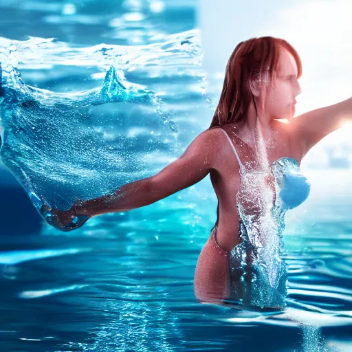 Prompt: water art in the shape of a womens body, on the ocean water, water art, futuristic, glowing, hyper realistic, ray tracing, realistic water splashes, sharp focus, long shot, 8 k resolution, cinematic