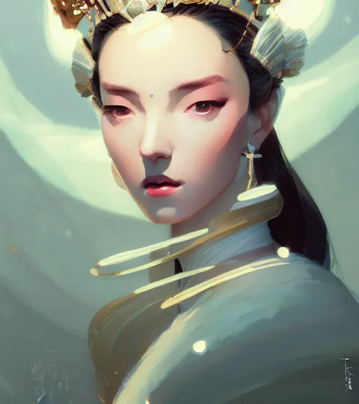 Image similar to portrait of a beautiful female immortal queen in complex and shiny dress 汉 服 by atey ghailan, by greg rutkowski, by greg tocchini, by james gilleard, by joe fenton, by kaethe butcher, dynamic lighting, gradient light blue, brown, blonde cream and white color scheme, grunge aesthetic