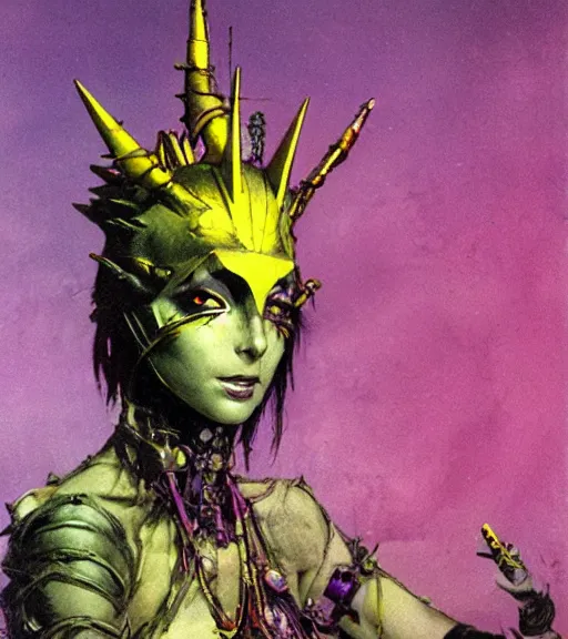 Prompt: evil princess of the wasteland, scrap metal headdress, strong line, vivid neon color, yellow purple, beautiful! coherent! by brian froud, by frank frazetta, low angle