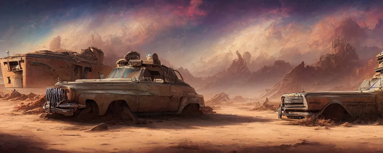 Image similar to a scenic view of an abandoned american cruiser at desert, high details, by james gurney and peter mohrbacher, trending on arstation