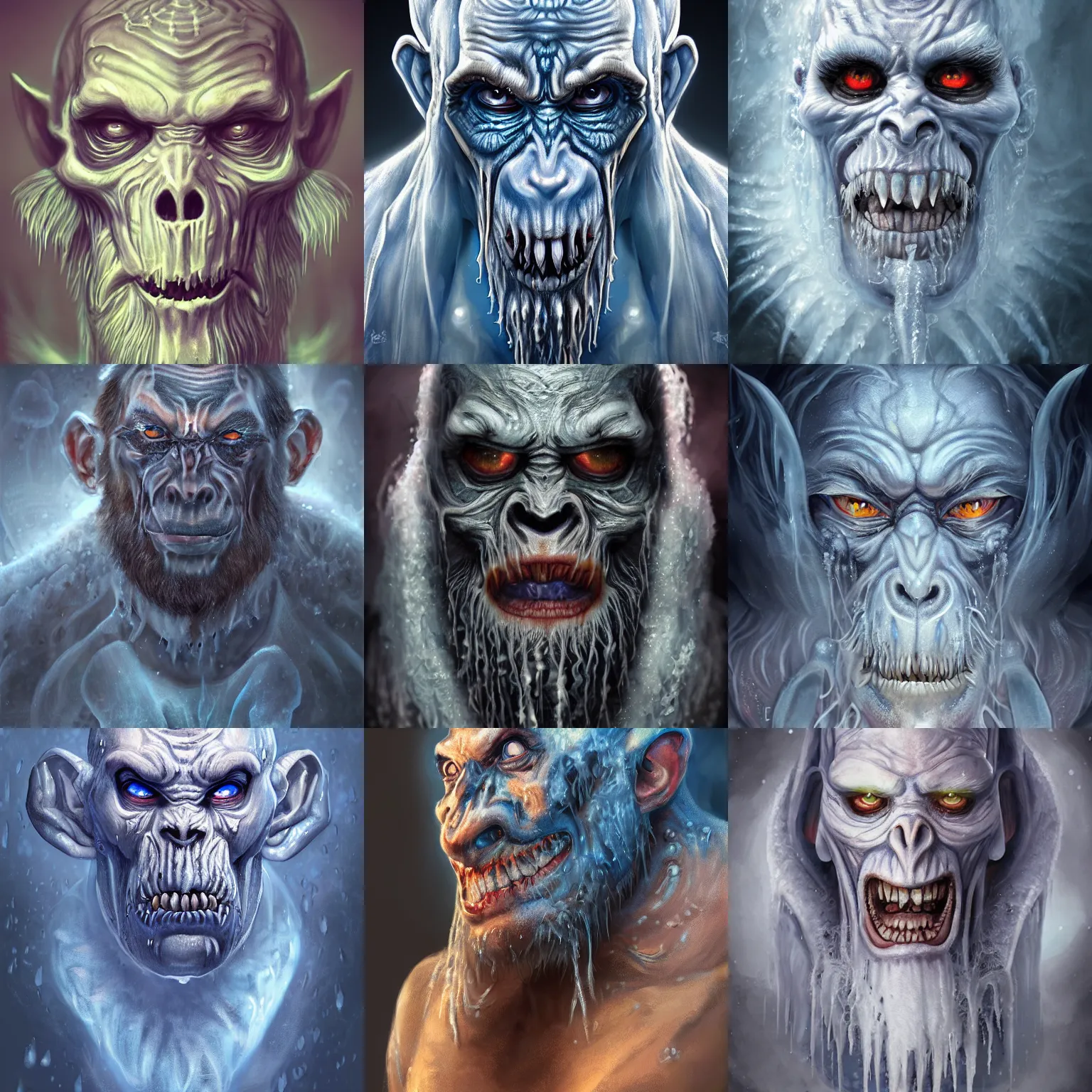 Image similar to a wlop 3 d render of very very very very highly detailed beautiful mystic portrait of a horror ice phantom ape demon with tattoos and frosty background by anton pieck, intricate, extremely detailed, digital painting, artstation, concept art, smooth, sharp focus, illustration, intimidating lighting, incredible art,