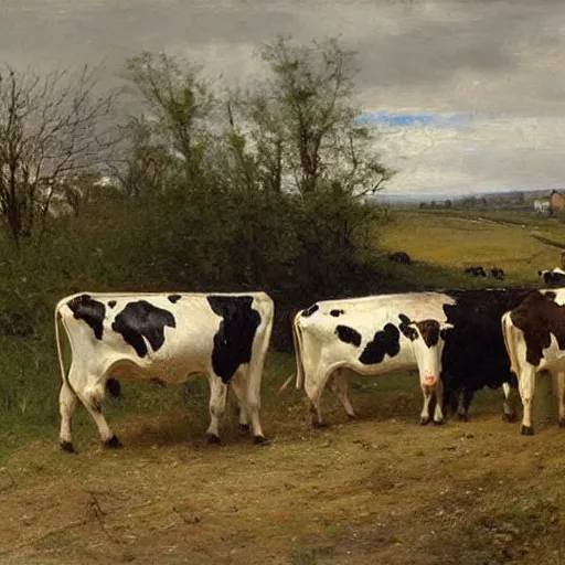 Prompt: a herd of cows on a country road, 1 9 th century painting, anton mauve