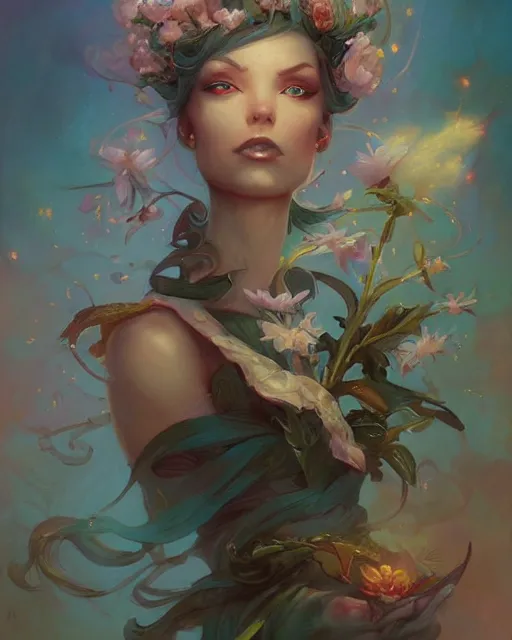 Image similar to flower princess portrait, jesper ejsing, artgerm, peter mohrbacher, halo of light, gilding