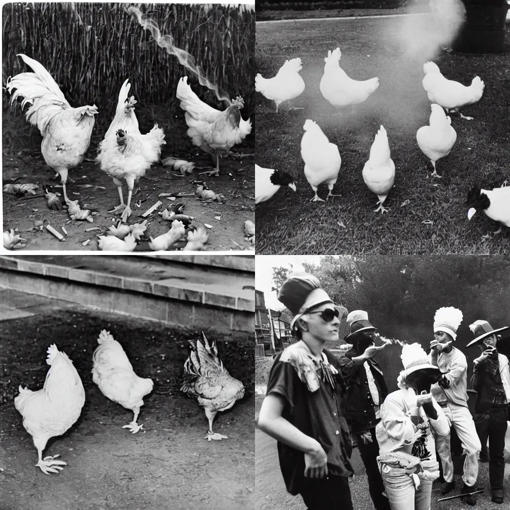 Prompt: A group of chickens smoking cigarettes with gang bandanas around their necks, Album Cover Art, eye-catching , dramatic, photographed by Henri Cartier-Bresson on a Leica camera