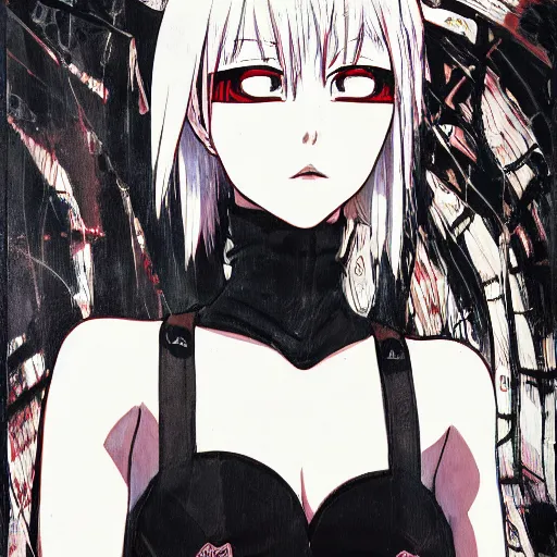 Prompt: Yoshitaka Amano style portrait of an anime girl with short white hair and eyepatch wearing suit with patterns, abstract black and white background in the style of Junji Ito, film grain effect, highly detailed, oil painting, expressive brush strokes