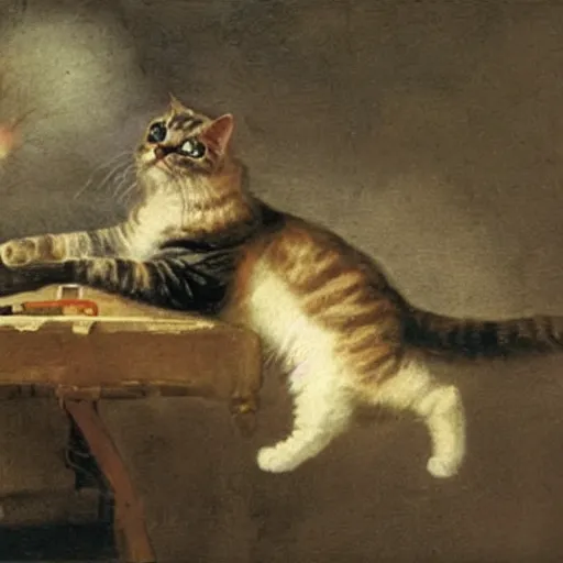 Image similar to a cat shooting laser beams from the eyes, painted by tiepolo