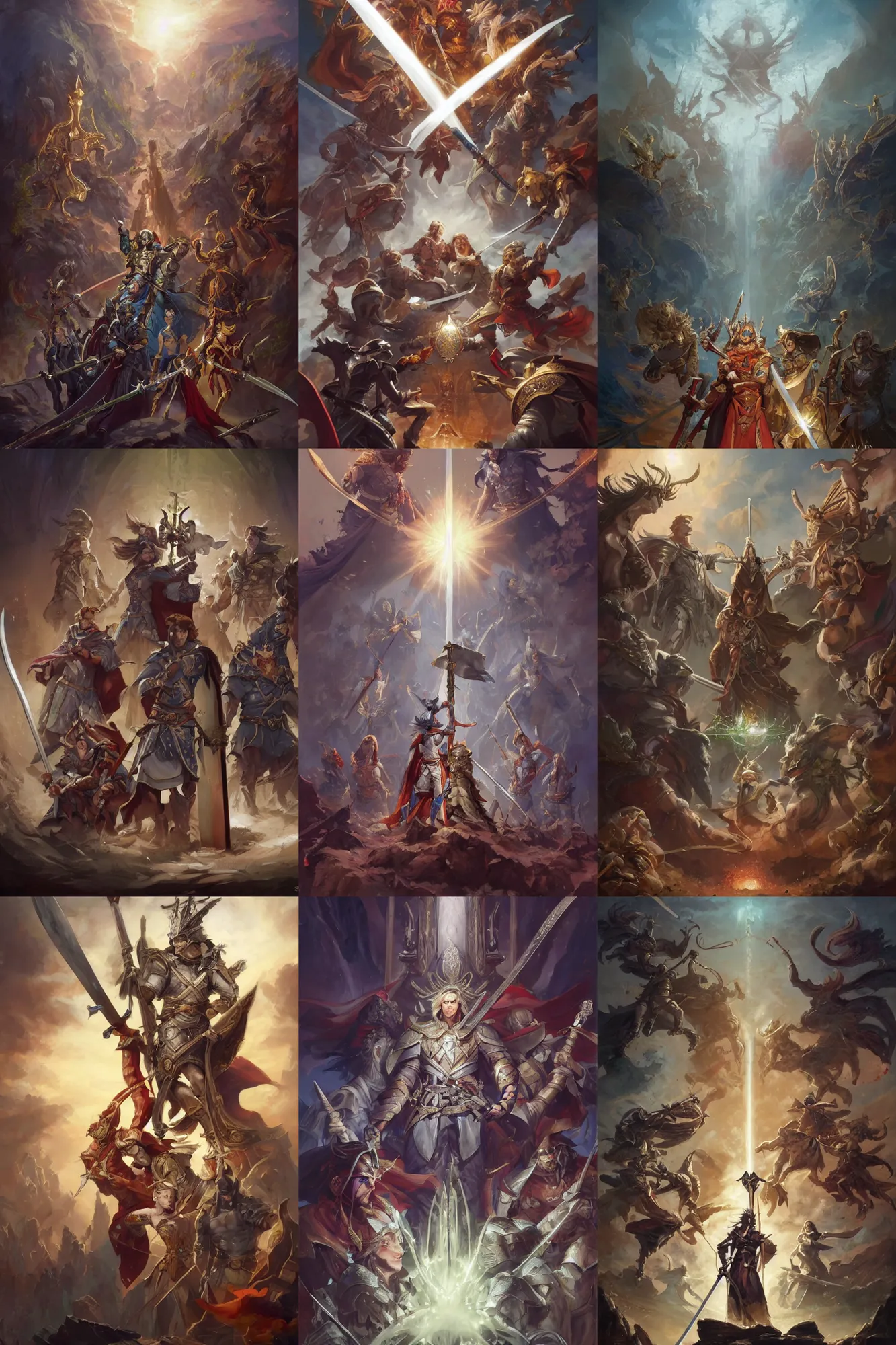 Prompt: A high fantasy four heroes: a sword hero, a shield hero, a spear hero, a bow hero, standing in front of the altar, pledging their loyalty to the king, by Peter Mohrbacher and Craig Mullins, face close up, official media, beautiful, detailed, high quality, wallpaper 4K, epic, trending on artstation and behance, dynamic lightning