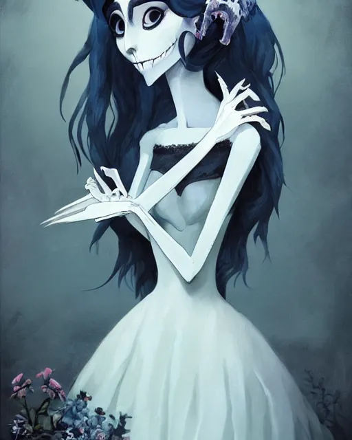 Image similar to elegant mysterious gracious undead victoria everglot from the corpse bride, portrait, illustration, the land of the death, skeletal hand, rim light, top light, summer clear blue sky, perfectly shaded, soft painting, art by krenz cushart and wenjun lin