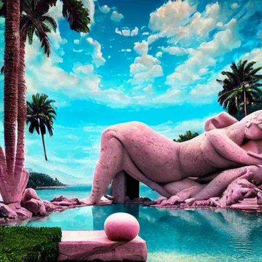 Image similar to masterpiece, hyperrealistic surrealism, award winning masterpiece with incredible details, epic stunning, infinity pool, a surreal vaporwave liminal space, highly detailed, trending on ArtStation, broken giant marble head statue ruins, calming, meditative, pink arches, flowing silk sheets, dreamscape, palm trees, very vaporwave, very very surreal, sharp details, artgerm and greg rutkowski and alphonse mucha, daily deviation, IAMAG