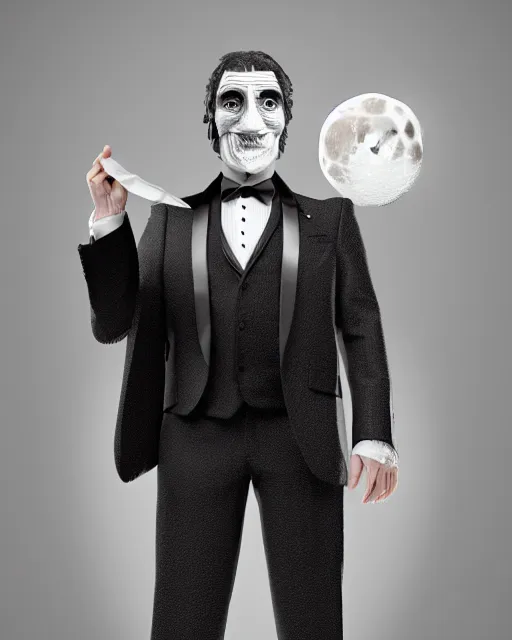 Image similar to a man in a tuxedo with a full moon on his head, an ambient occlusion render by Igor Morski, featured on cgsociety, pop surrealism, rendered in cinema4d, rendered in unreal engine, octane render